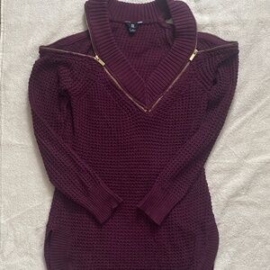 G by Guess Wine-Coloured Cold Shoulder Sweater with Faux Zippers